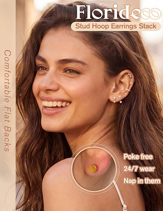 Florideco 14K Gold Plated Earrings for Women Hypoallergenic 20G Surgical Stainless Steel Flat Back Stud Earrings Dainty Stackable Earring Stacks Small Cartilage Earring Sets for Multiple Piercing