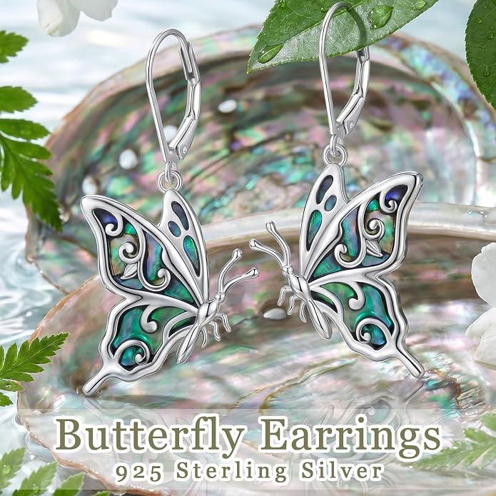 925 Sterling Silver Butterfly Abalone Shell Dangle Earrings for Women Animal Butterfly Drop Earring Jewelry Gifts for Anniversary Birthday Christmas Thanksgiving Mother‘s Day