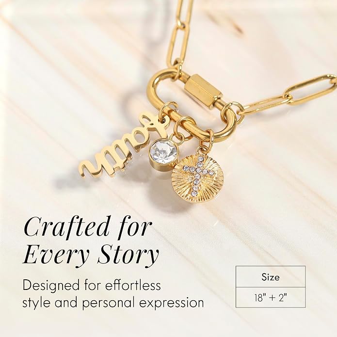 Destin Jewelry 18K Gold PVD Faith Charm Necklace for Women, Chunky Paperclip Chain with Carabiner Charm Keeper and Message, Stainless Steel Necklace 18"+2"