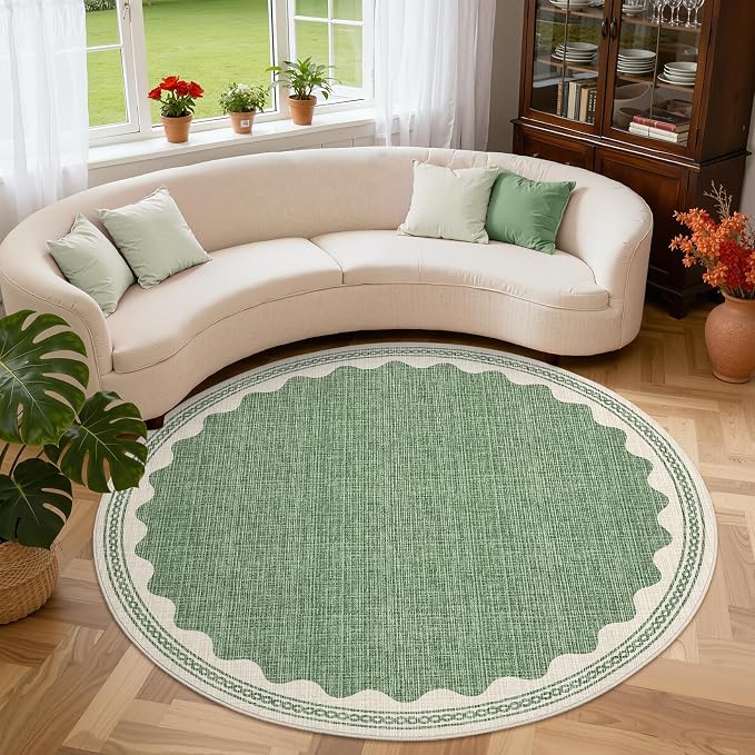 GarveeHome Scalloped Sage Green 5ft Round Rug Washable Non-Slip Soft Ultra-Thin Small Circle Modern Cottage Core Solid Carpet for Entryway Kitchen Bedroom Nursery Dining Room