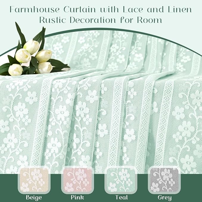 ASPMIZ Linen Farmhouse Kitchen Curtains, Double Layer Valances for Windows with Linen and Lace, Rustic Curtains for Bathroom Window, Cafe Curtain 18 Inch Length Rod Pocket, 52 x 18, Mint Green