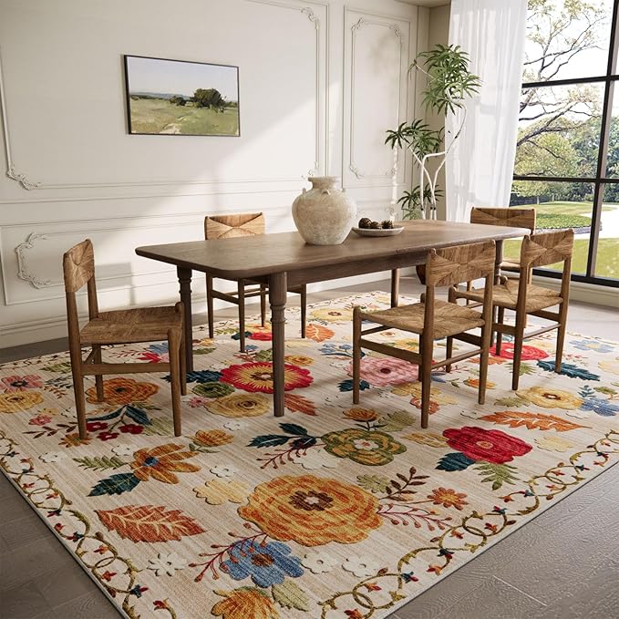9x12 Area Rug for Living Room: Washable Rug Non Slip Low Pile Soft Faux Wool Non Shedding Distressed Vintage Floral Large Area Rugs for Bedroom Dining Room Kitchen Nursery Under Table Farmhouse Office