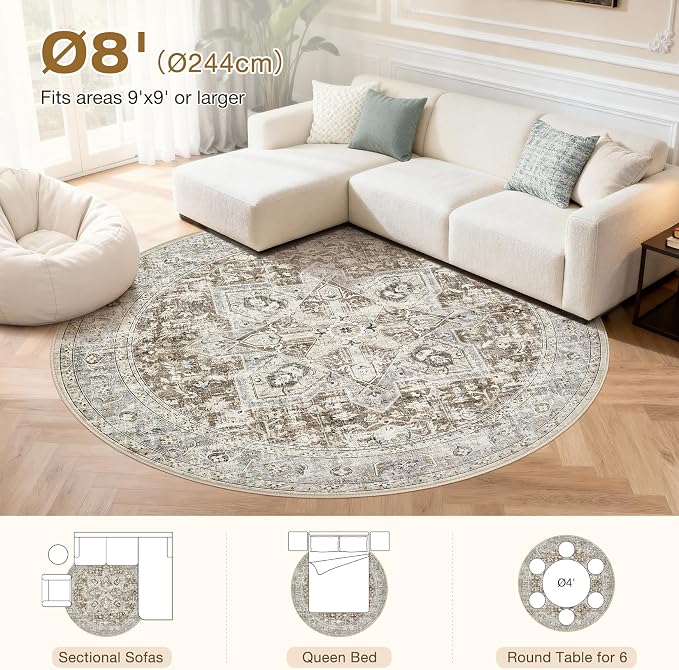 Tortania 8' Round Area Rug Living Room Rugs - Washable Boho Rug Vintage Oriental Distressed Farmhouse Large Thin Indoor Carpet for Bedroom Under Dining Table Home Office - Brown Blue
