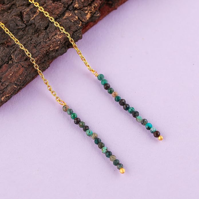 Natural Gemstone Threader Earrings for Women - Dainty 2mm Faceted Beads - Birthstone Crystal Drop Earrings - Silver Plated Healing Jewelry