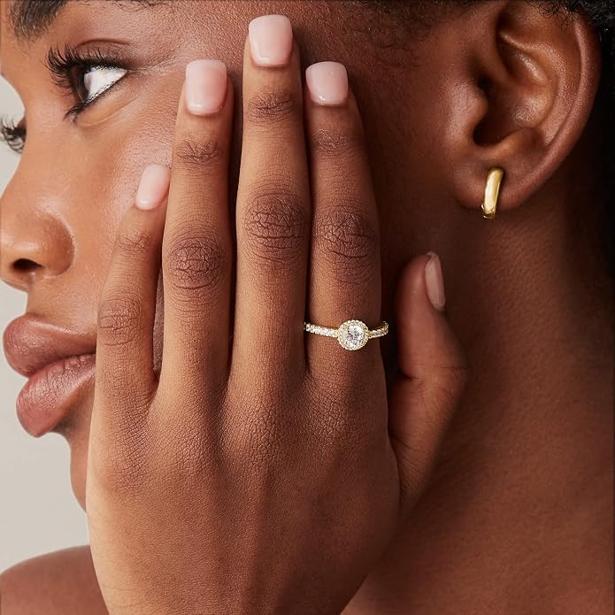 PAVOI 14K Gold Plated Halo Ring | Heart Ring for Women | Square Round Valentines Day Love Promise Rings for Her