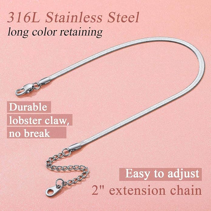 FindChic Elegant Herringbone Snake Chain Anklets/Bracelets 3MM/5MM Width Stainless Steel/18K Gold/Rose Gold Plated/Black 4 Color Options, 8.3'' 8.5'' 10.5'' Length, with Gift Box