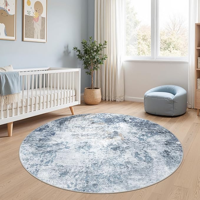 DMOYEST 5ft Round Area Rug for Living Room - 5x5 Washable & Non Slip Circle Rug, Kid & Pet Friendly Soft Low Pile Abstract Carpet for Bedroom and Dining Room - Blue