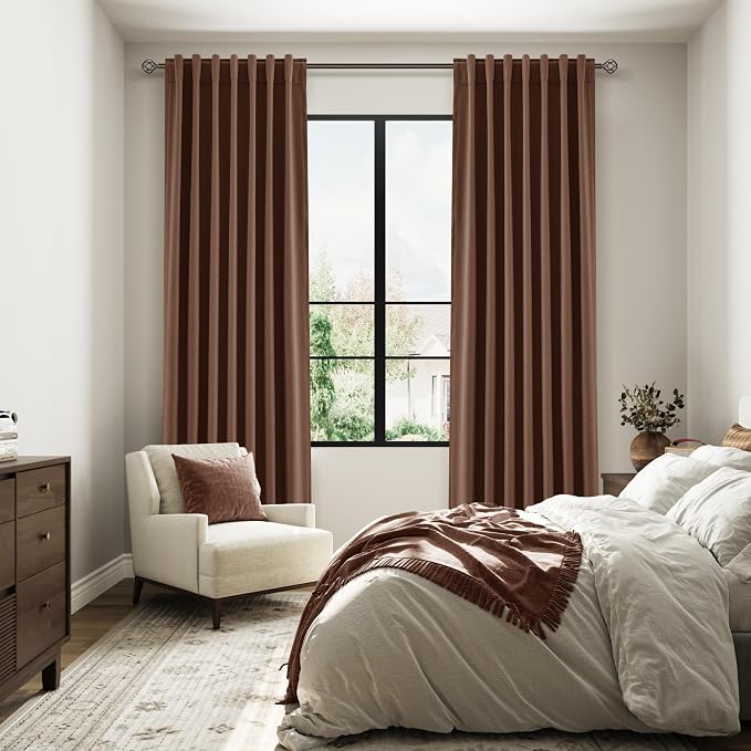 Rustic Brown 100% Blackout Linen Curtains 84 Inch Length 2 Panels Set for Living Room Bedroom Back Tab Thermal Insulated Black Out Drapes Room Darkening Farmhouse Style for Bedroom Window Curtains