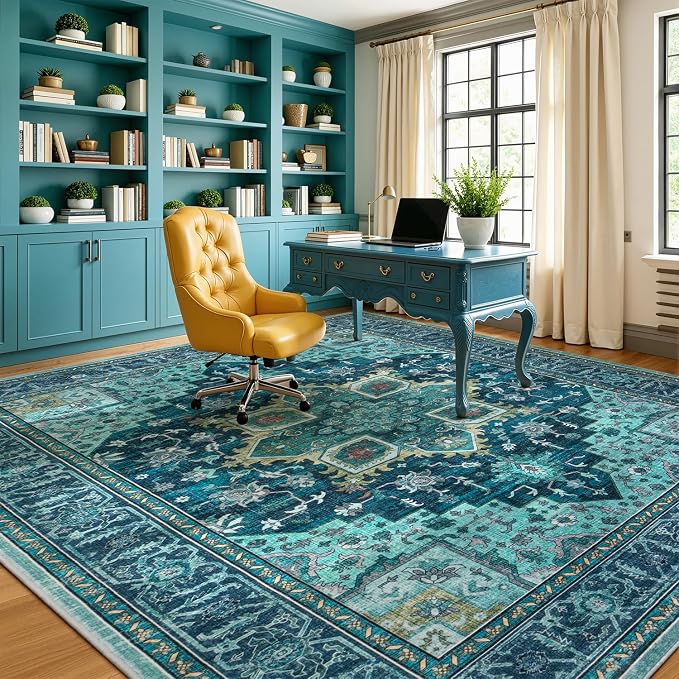 5x7 Turquoise Area Rugs for Living Room - Vintage Teal Green Boho Medallion Aesthetic Distressed Washable Rug, Soft Non-Slip Backing Low Pile Carpet for Office, Lounge, Bedroom Foot of Bed