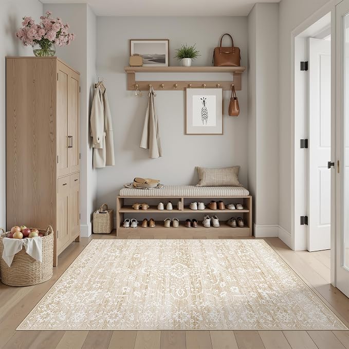 Soalmost 3x5 Area Rugs for Entryway, Washable Neutral Soft Rug Beige | Vintage Floral Low Pile Non-Slip Throw Area Rugs, Accent Rug Floral Indoor Mat for Bedside Living Room Kitchen Bedroom 3'x5'