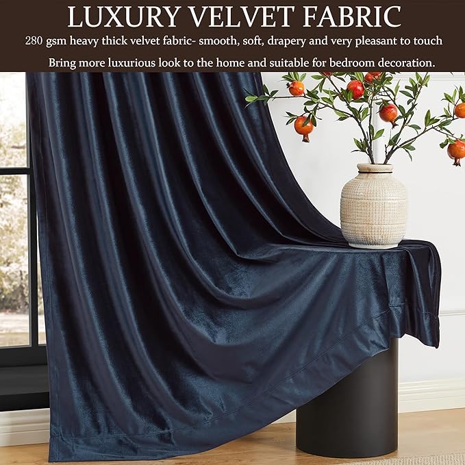100% Blackout Navy Blue Velvet Curtains 63 inches for Living Room,2 Panels Back Tab Deep Blue Thermal Insulated Room Darkening Curtain with Liner Noice Reducing Soundproof Window Drapes for Bedroom