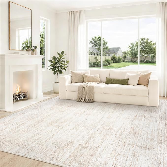 9x12 Area Rugs for Living Room Washable Rugs Neutral Abstract Large Rug Soft Modern Carpet Non-Slip Stain Resistant Low Pile Rug for Bedroom Dining Room Nursery Home Office Under Table Area Rug Beige