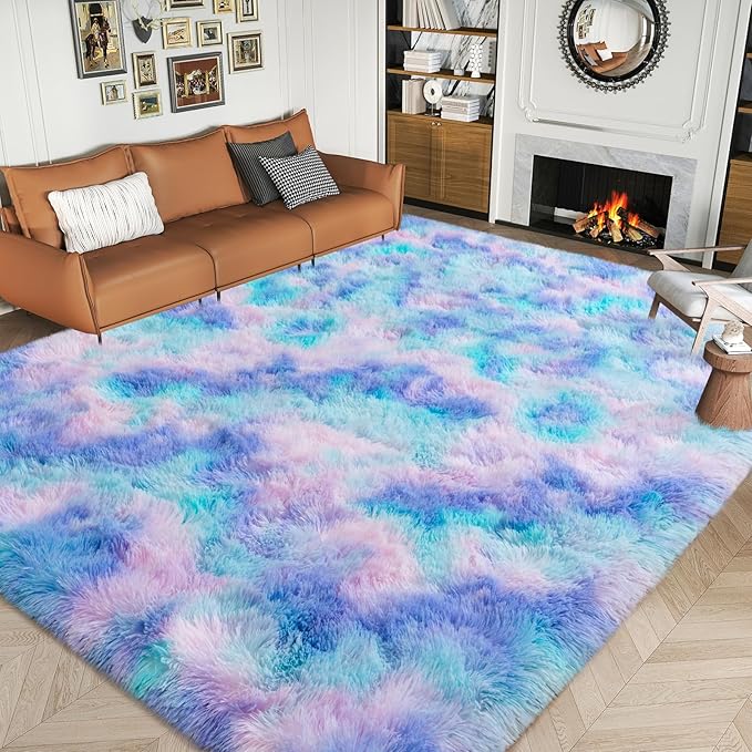 Dssimo Cute Furry Purple Rainbow Rugs for Bedroom Girls Room Decor | Upgrade Non-Slip Large 9x12 Area Rugs for Kid Room, Playroom Nursery Dorm Home Decor, Plush Mermaid Kawaii Rug Fluffy Carpet