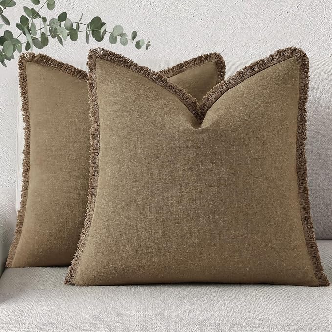 decorUhome Linen Fringe Light Brown Throw Pillow Covers 20x20 Set of 2 | Decorative Soft Accent Modern Boho Farmhouse Cushion Covers with Tassels Cotton Pillow Covers for Couch Bed Sofa