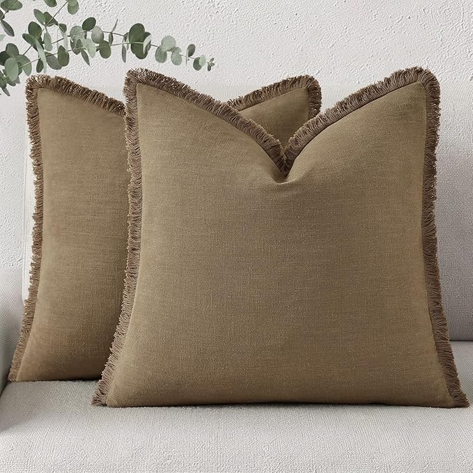 decorUhome Linen Fringe Light Brown Throw Pillow Covers 18x18 Set of 2 | Decorative Soft Accent Modern Boho Farmhouse Cushion Covers with Tassels Cotton Pillow Covers for Couch Bed Sofa