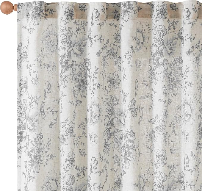 jinchan Grey Floral Linen Curtains 90 Inch Vintage Back Tab 2 Panels | Light filtering drapes, semi sheer, farmhouse, cottagecore, rustic, living room, bedroom, rod pocket, window treatment