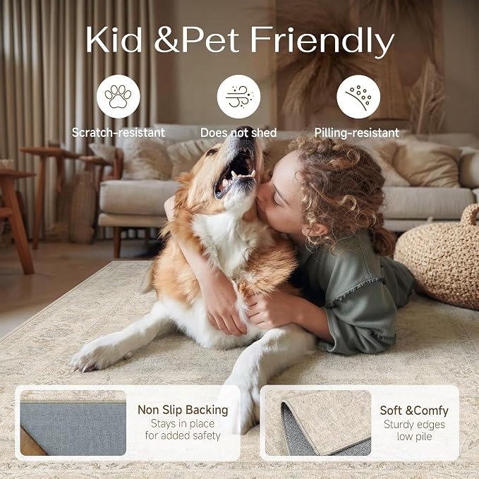 2x3 Cream Washable Area Rug for Entryway Neutral Floral Soft Non Slip Small Carpet Low Pile Distressed Door Mat for Entrance Bathroom Bedroom Indoor
