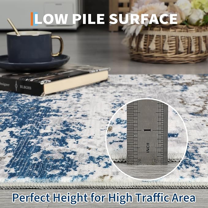 ROYHOME Modern Abstract Runner Rug 2x5 Washable Non Slip Stain Resistant Rug for Bedroom Living Room Non Shedding Low Pile Indoor Floor Cover,Navy