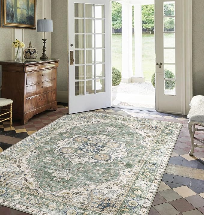 LUXRUG Washable Area Rug 4x6 - Boho Living Room Rug Non Slip Soft Bedroom Rug Ultra-Thin Sage Green Vintage Medallion Oriental Dining Room Rugs for Under Table Indoor Carpet for Living Room Kitchen