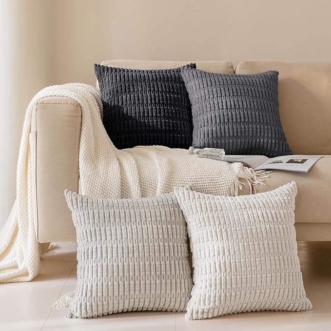 Softalker Throw Pillow Covers 16x16 Inch, Set of 4, Corduroy Soft Striped Farmhouse Boho Pillow Cover, Modern Decorative Cushion Pillow Case for Couch Sofa Bedroom Living Room, Grey/Black