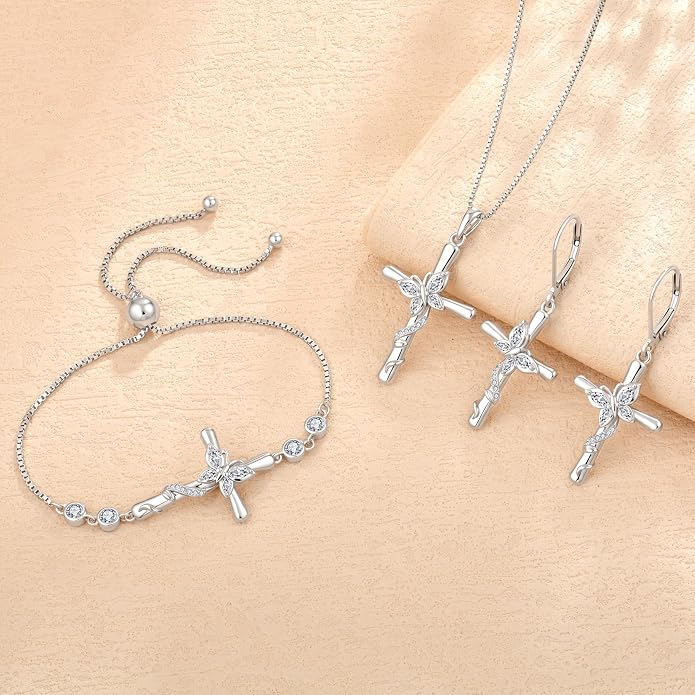 Cross Necklace for Women 925 Sterling Silver Butterfly Necklace Birthstone Pendant Created Gemstone Jewelry Gifts for Women