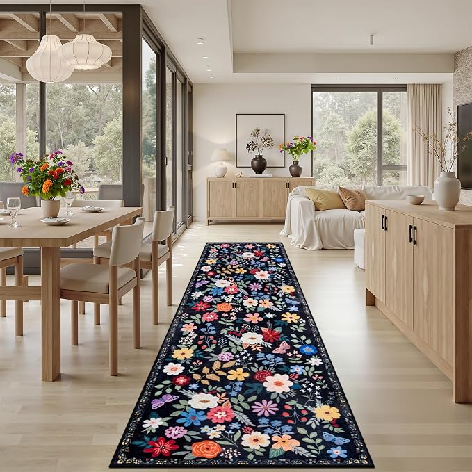 Runner Rug for Entryway: 3x10 Kitchen Rugs Non Slip Washable Ultra-Thin Soft Floral Carpet Indoor Floor Stain Resistant Carpets for Hallway Bedroom Kitchen Laundry Bathroom Dorm Black