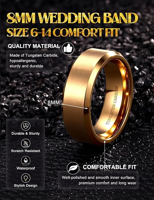 Jstyle Tungsten Mens Wedding Band 8MM Wedding Ring for Men Matte Surface - Beveled Polished Edge Anniversary Promise Rings, Men Ring Jewelry Comfort Fit Size 6-14