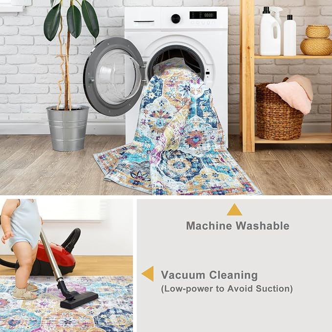Mandala - Indoor Area Rugs 8x10 Washable, Stain Resistant Machine Washable Rugs for Living Room, Bedroom, and Modern House Décor - Durable Polyester Material, Colorful Patterned - Multi Color