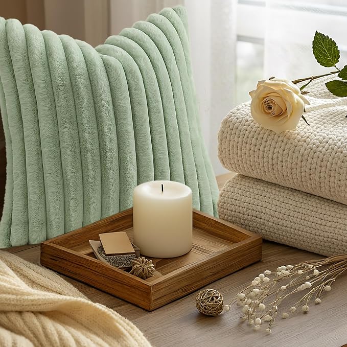 decorUhome Fall Faux Fur Throw Pillow Covers 24x24 Set of 2 Sage Green | Decorative Soft Cozy Striped Plush Modern Farmhouse Boho Couch Pillow Cases Velvet Back for Sofa Bed Living Room Home Decor