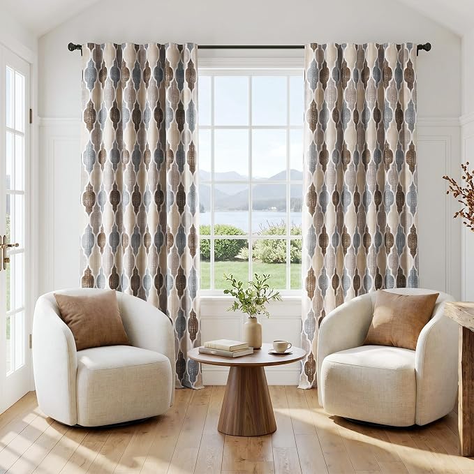 Beauoop Moroccan 100% Blackout Curtains Bedroom Brown Grey 50x84 2 Panels | Geometric Room Darkening Drapes for Living Room 84 Inch Long Thermal Insulated Soundproof Lattice Window Treatment Rod Pocket