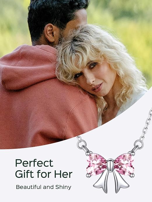 ChicSilver Bow and Cat Birthstone Necklace, 925 Sterling Silver Pendant Necklaces for Women, Hypoallergenic Silver Choker with 16 inch Rolo Chain, 12 Months Jewelry for Valentines Mothers Day Christmas