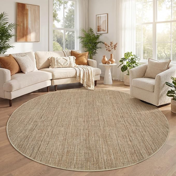 GarveeHome 4ft Easy Jute Round Rug for Living Room Modern Solid Rugs | Non Slip Stain Resistant Bedroom Circle Throw Carpet Low Pile Indoor Round Area Rugs for Kitchen Nursery Entryway Dorm, Tan