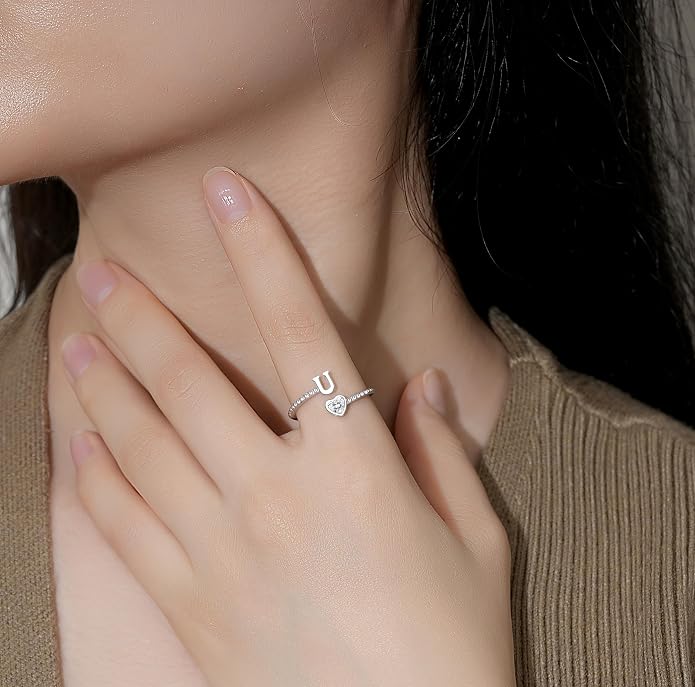 Step Forward 925 Sterling Silver Adjustable Initial Ring for Women | Non Tarnish Letter Rings for Lady | Alphabet Heart Thumb Rings | Capital Letter Jewelry Gifts