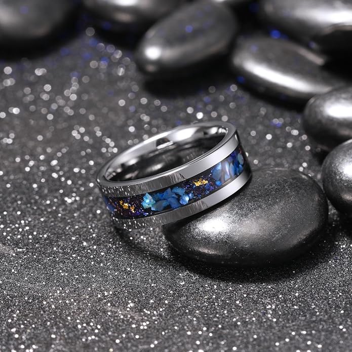 King Will 8mm Silver Hammered Titanium Ring Center Inlaid Wood Wedding Band for Men Hammered Wood Titanium Rings Polish Comfort Fit
