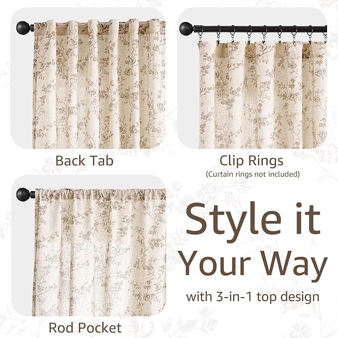 jinchan Taupe Floral Linen Curtains 90 Inch Farmhouse Back Tab 2 Panels | Taupe on beige, light filtering, farmhouse, rustic, country, flower, privacy, bedroom, living room, office, window treatment