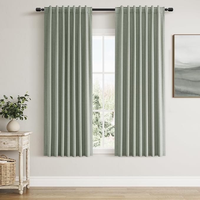 Guken 100% Blackout Curtains 63 Inch Length 2 Panels Set for Living Room Bedroom Back Tab Thermal Insulated Black Out Linen Drapes Room Darkening Window Curtains Desert Sage 52x63