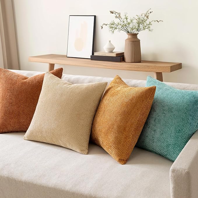 MIULEE Pack of 4 Orange/Teal Couch Throw Pillow Covers 18x18 Inch Yellow Green Soft Decorative Chenille Pillows Farmhouse Accent Cushions for Boho Fall Home Decor Sofa Bedroom Living Room