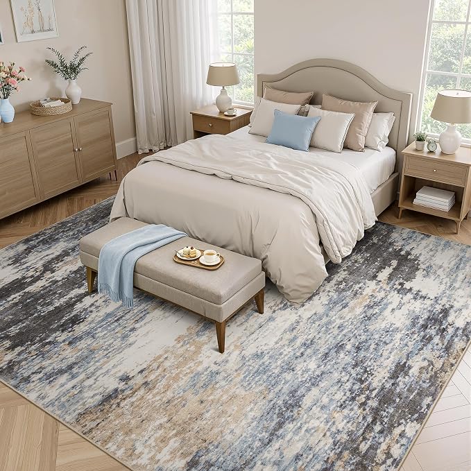 Lofus 8x10 Area Rug for Living Room,Abstract Large Rugs with Non-Slip Backing, Neutral Modern Washable Carpet for Bedroom Dining Room Home Office Nursery Indoor, Dark Grey/Blue