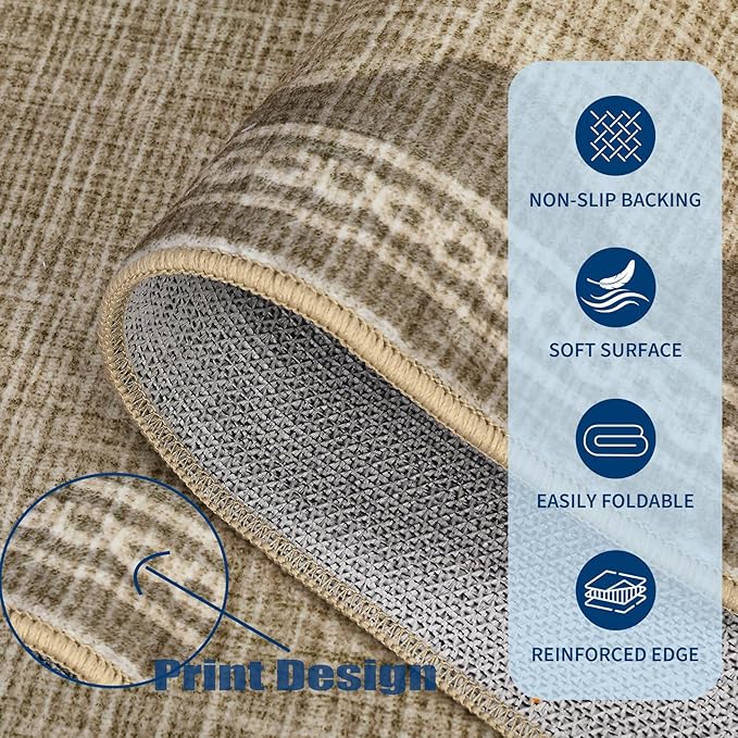 GarveeHome Scalloped 3x5 Rug Washable Non-Slip Low-Pile Indoor Rugs for Entryway Solid Tan Jute Digital Printing Modern Carpet for Kitchen Bedroom Living Room Bathroom Indoor Mat