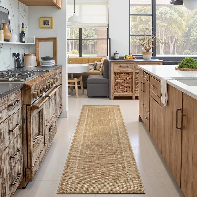 GarveeHome 2x6 Runner Rug for Hallway Modern Solid Washable Kitchen Rugs | Non Slip Modern Neutral Bordered Stain Resistant Indoor Throw Carpet for Nursery Kitchen Dining Room Entryway, Jute