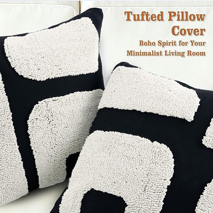 LandIdyll 4 Pcs Black and Cream Chunky Tufted Pillow Covers 18 x 18 Inch Boho Black and White Throw Pillow Covers Set Decorative Modern Abstract Geometric Pillowcase for Living Room Bed Couch Sofa