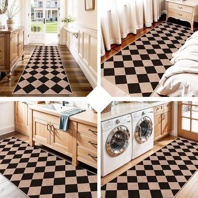 2x6 Jute Woven Runner Rug: Non Slip Backing Diamond Pattern Easy Clean Mats | Washable Thin Indoor Rugs Hallway Kitchen High Traffic Areas Farmhouse Home Decor Durable Flat-Weave Carpet (Black/Brown,2x6)