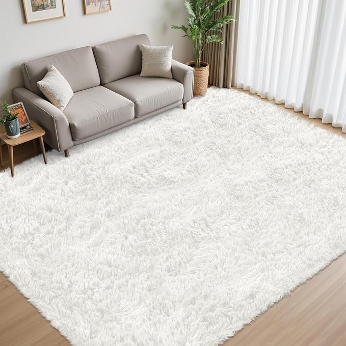 8x10 Area Rug for Living Room:Ultra Soft Fluffy Shag White Rugs,Large Fuzzy Plush Indoor Non Slip Carpet Washable Rug for Bedroom Kids Nursery Office Dorm Modern Decor(White 8'x10')