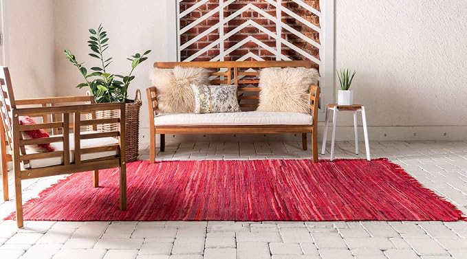 Unique Loom Chindi Cotton Collection Soft Hand Woven Natural Fiber Striped Area Rug, 8 ft x 10 ft, Red/Purple