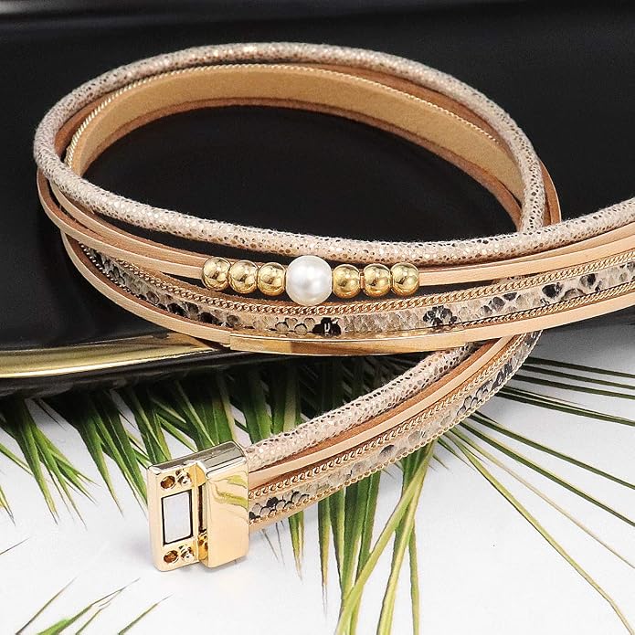 Wowanoo 3Pack Leather Cuff Bracelet Set Multilayer Wrap Bracelet Crystal Feather Tree Bracelet Magnetic Clasp Bracelet for Women
