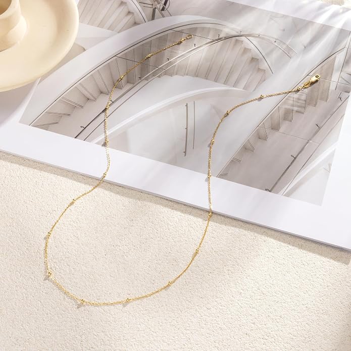 Carffordo 925 Sterling Silver Chain Necklace 16K Gold Plated Beaded Chain Necklace for Women Simple Dainty Choker Necklace Satellite Waterproof Link Necklace Trendy Jewelry Gifts