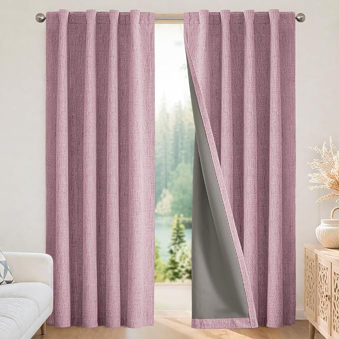 Joydeco Blackout Curtains for Bedroom - 100% Light Blocking 2 Panels Set Pink Drapes 37" W x 90" L, Thermal Insulated Room Darkening Curtains, Linen Textured for Living Room, Rod Pocket & Back Tabs