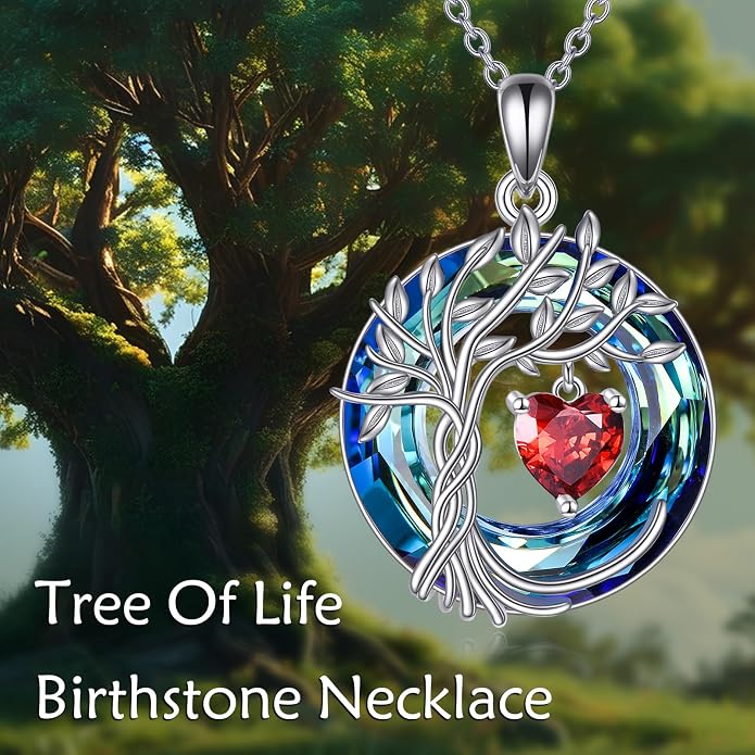 POPLYKE Mothers Day Gifts for Mom Her Wife Tree of Life Necklace 925 Sterling Silver Birthstone Pendant with Crystal Anniversary Birthday Wedding Jewelry for Women