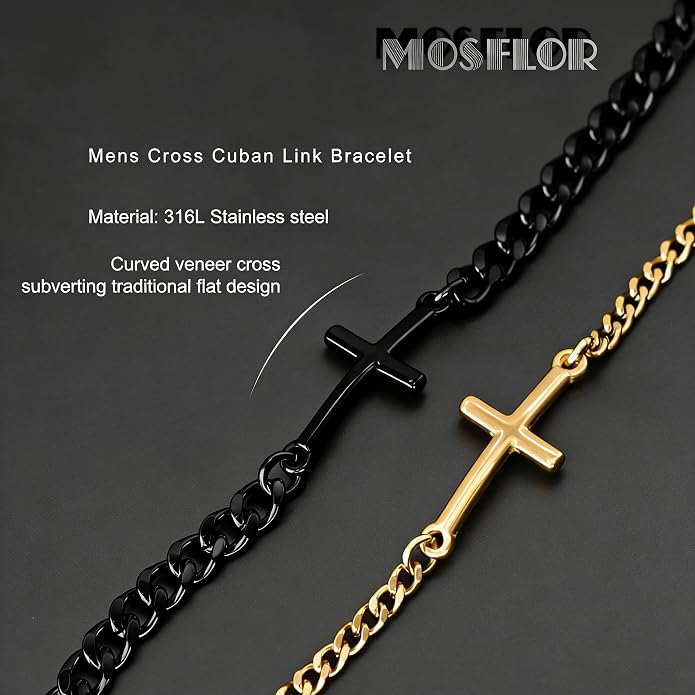 Cross Bracelet for Men, Silver/Gold/Black Mens Cross Bracelets Stack Stainless Steel Cuban Link Chain Bracelet Set Non Tarnish Adjustable Chunky Mens Jewelry Gifts for Men Dad Him Father's Day