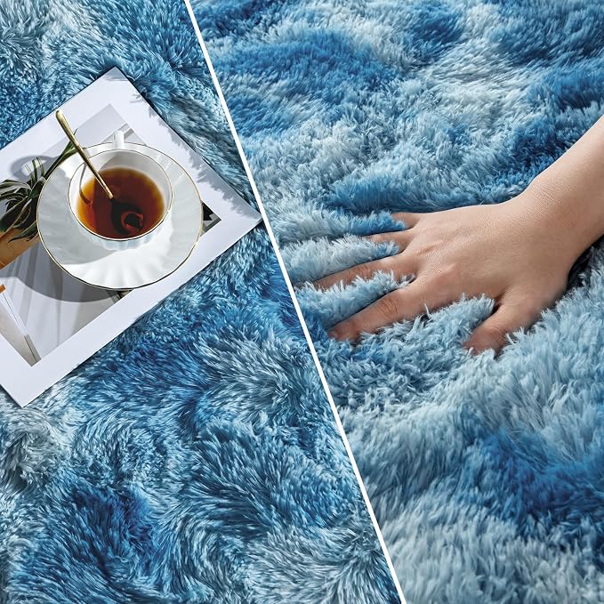 Deerhoo Shag Area Rug, 4 X 6 Tie-Dyed Plush Fuzzy Rugs for Living Room, Ultra Soft Fluffy Furry Rug for Bedroom, Indoor Carpet Nursery Rugs for Kids Room Home Decor, Bright Blue